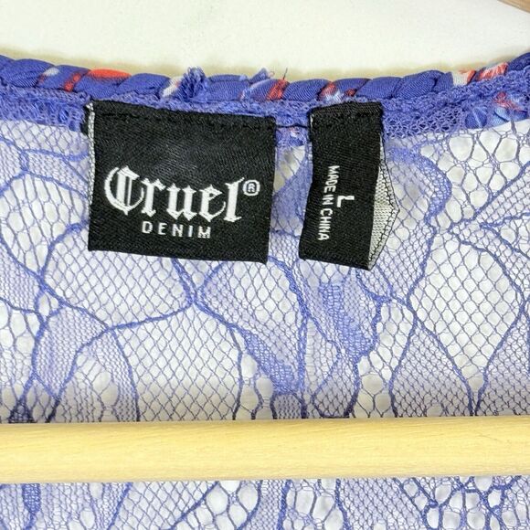 Cruel Girl Western Purple Floral Sheer Chiffon Lace Shirt Top Women's Large - Picture 6 of 7